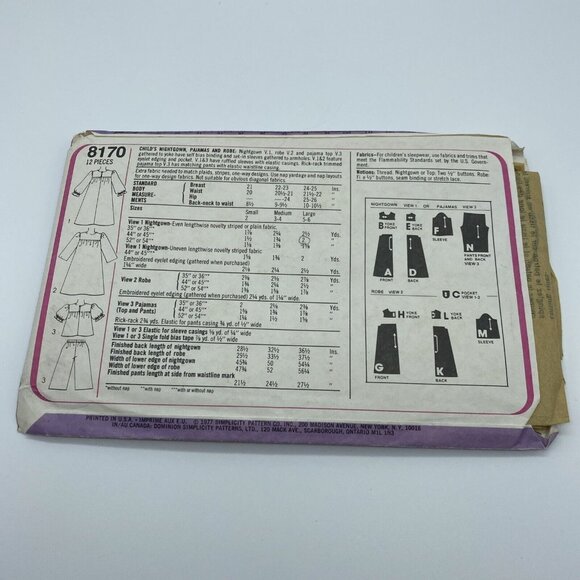 Simplicity 8170 Child Girl's Nightgown Pajamas Robe Size5 6 Vintage Cut 1977 - Picture 2 of 5